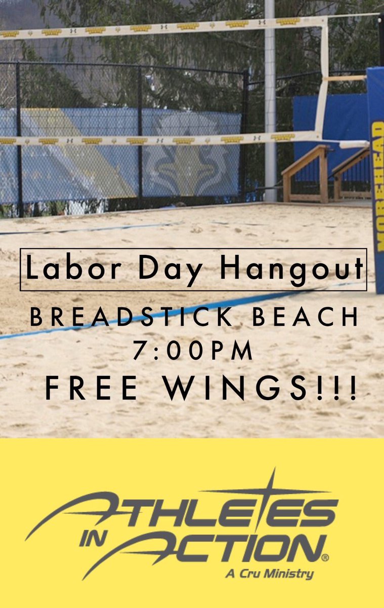 Hey let’s have some fun Monday night. Meet us at the beach volleyball courts for some free wings (while they last) and some volleyball. 7:00-9ish.