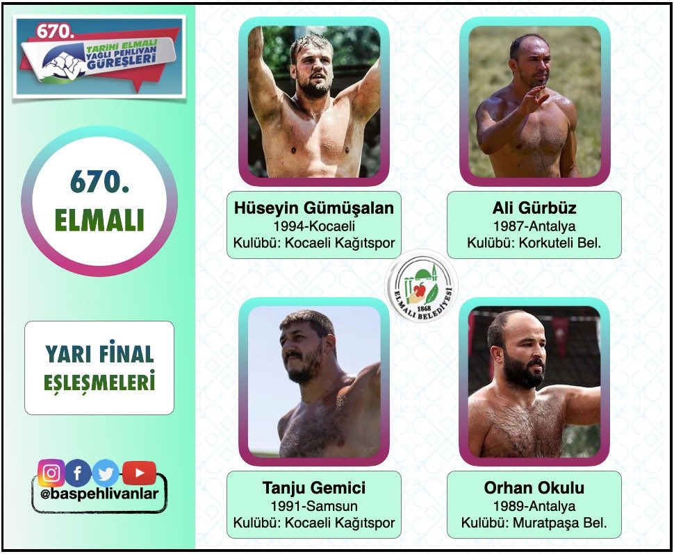 ✅ 670.ELMALI YAĞLI GÜREŞLERİ ❗ (03-04.09.2022) 📣

🔔 YARI FİNAL
Hüseyin Gümüşalan - Ali Gürbüz
Tanju Gemici - Orhan Okulu

#Elmalı