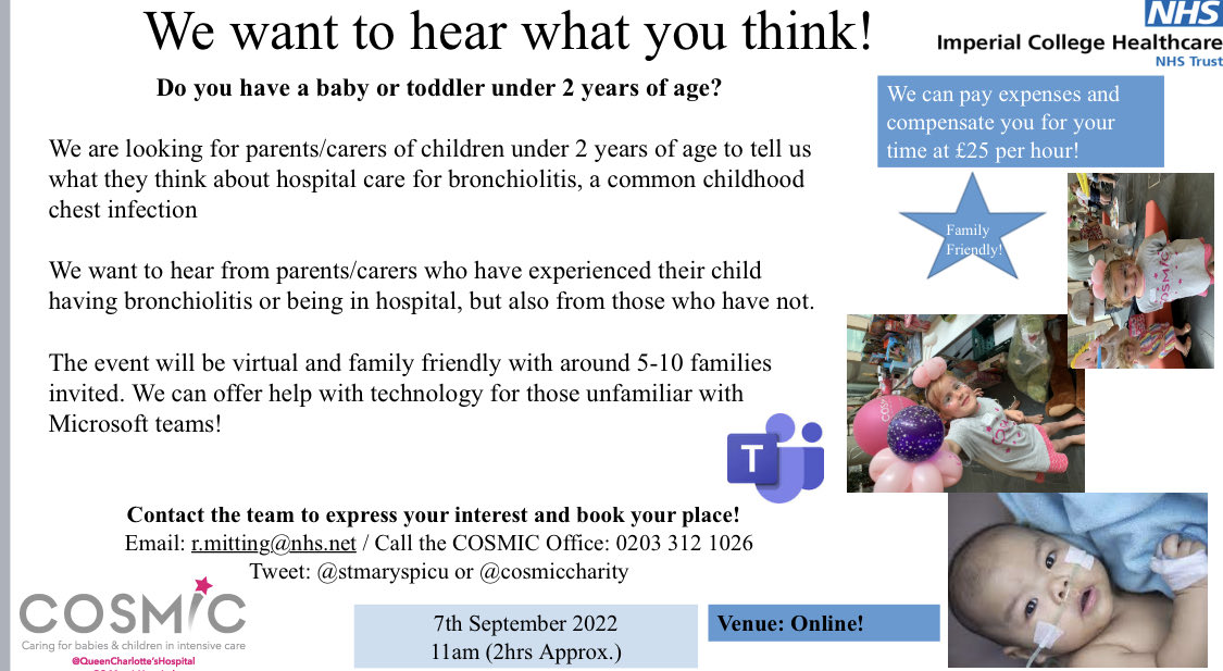 stmaryspicu (@stmaryspicu) on Twitter photo Last call for help! Parents of babies we need your help to design research to improve outcomes for babies admitted with bronchiolitis. Could you spare 1-2 hours online this Wednesday to tell us what you think? Research needs the voices of famillies! Email r.mitting@nhs.net!! Last call for help! Parents of babies we need your help to design research to improve outcomes for babies admitted with bronchiolitis. Could you spare 1-2 hours online this Wednesday to tell us what you think? Research needs the voices of famillies! Email r.mitting@nhs.net!!
