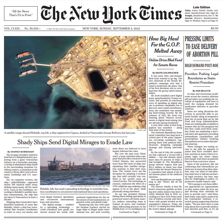 aleph's tweet photo. Check out @WindwardAI on the cover of today’s @nytimes.
They worked w/ @AKurmanaev on a story that exposes how #GPSManipulation (GNSS) is allowing ships to carry out illegal activities with impunity.
Read it here: https://t.co/1ennuuuCYy
@AmiDaniel1 https://t.co/FqNZLTeM9m