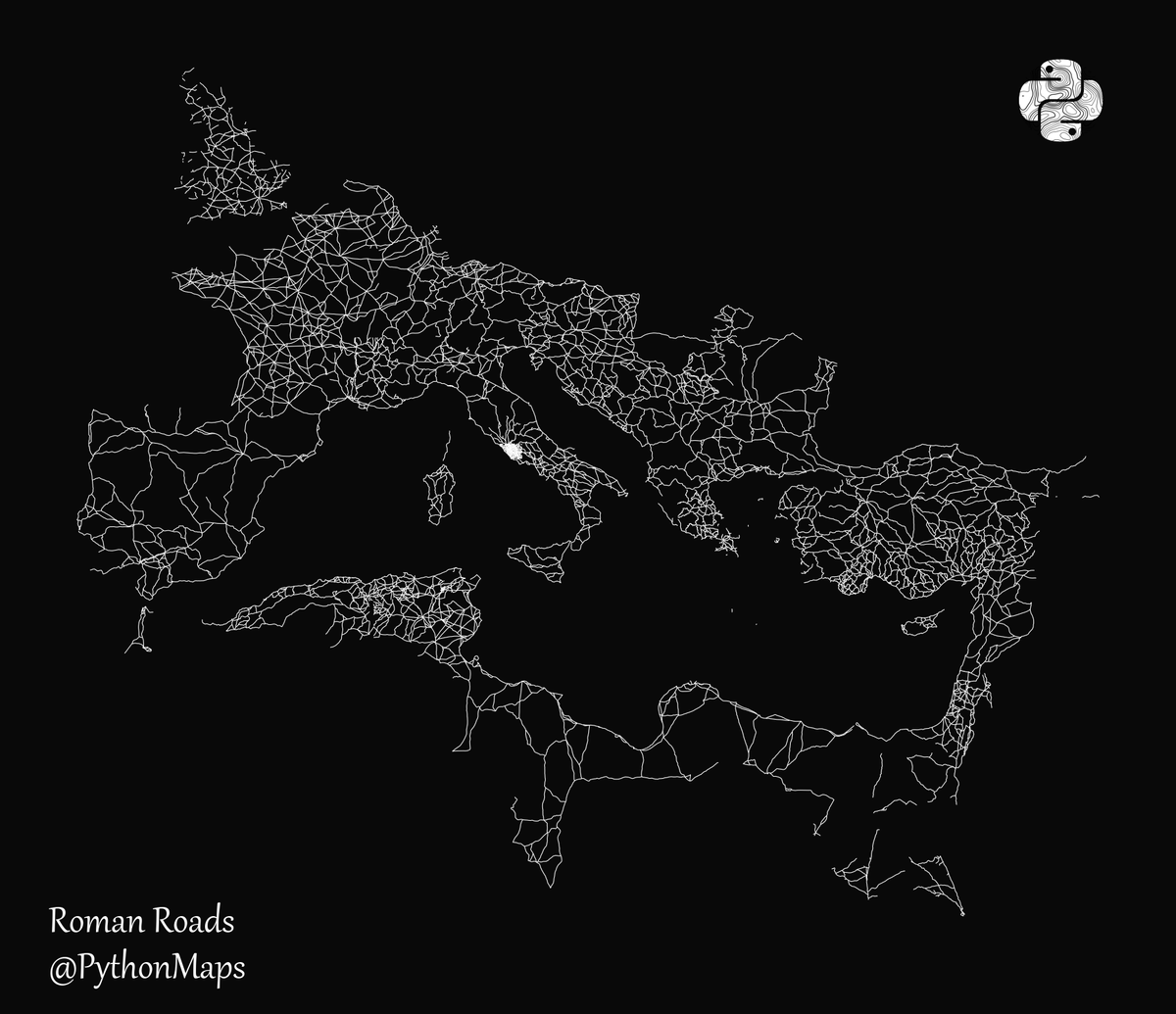 pmmoscoso's tweet photo. Todos los caminos llevan a Roma. Este mapa visualiza las famosas carreteras construidas por el imperio romano. ¡Nunca me aburro de mirar este mapa!
#Python #Datos #DataScience #Geopython #mapsandmapping #Roma #DataVisualization #EU @PythonMaps https://t.co/QOKlCy263O