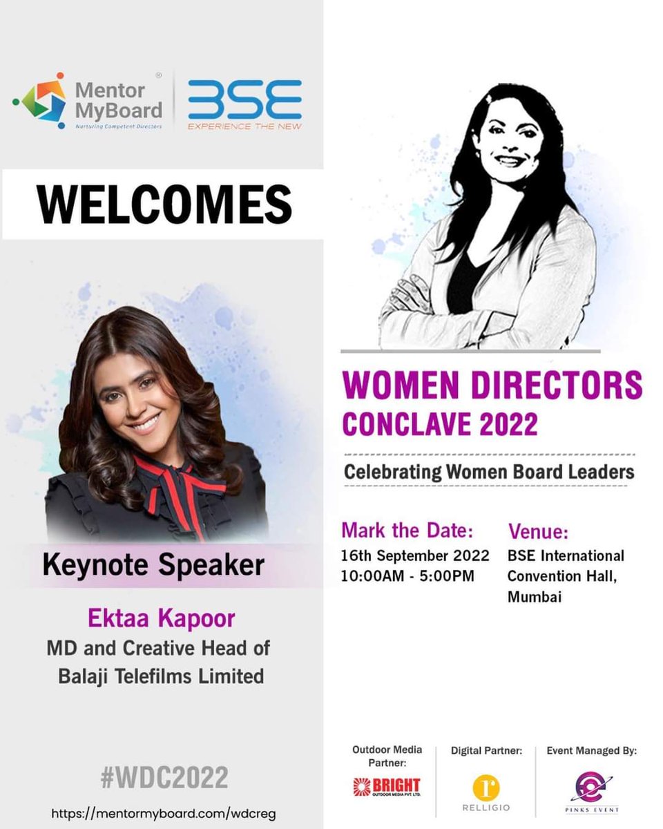 pinksevent's tweet photo. Join us at #WDC2022 to get insights, learnings and golden nuggets from "Ektaa Kapoor” - Keynot Speaker MD and Creation Head of Balaji Telefilms Limited at #WDC2022!!!!

@mentormyboard 
@bseindia
 #WDC2022 #womendirectors #womenboarddirectors #blizzfulpinkeventt #pinksevent https://t.co/83J2QciMfJ