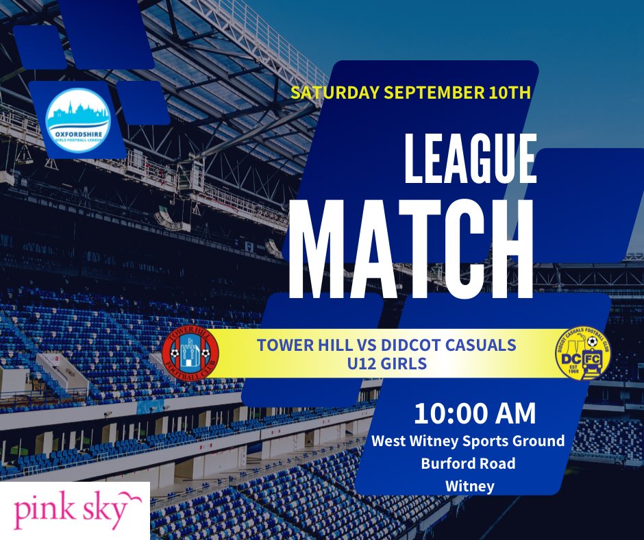 Less than a week to go and our U12’s travel to Witney for their first match of the season. Proudly sponsored by <a href="/pinkskystudios/">Pink Sky</a> <a href="/OMGFL/">Oxfordshire Girls Football League</a> <a href="/DidcotCasualsFC/">Didcot Casuals FC</a> <a href="/towerhillfc/">Tower Hill FC</a>