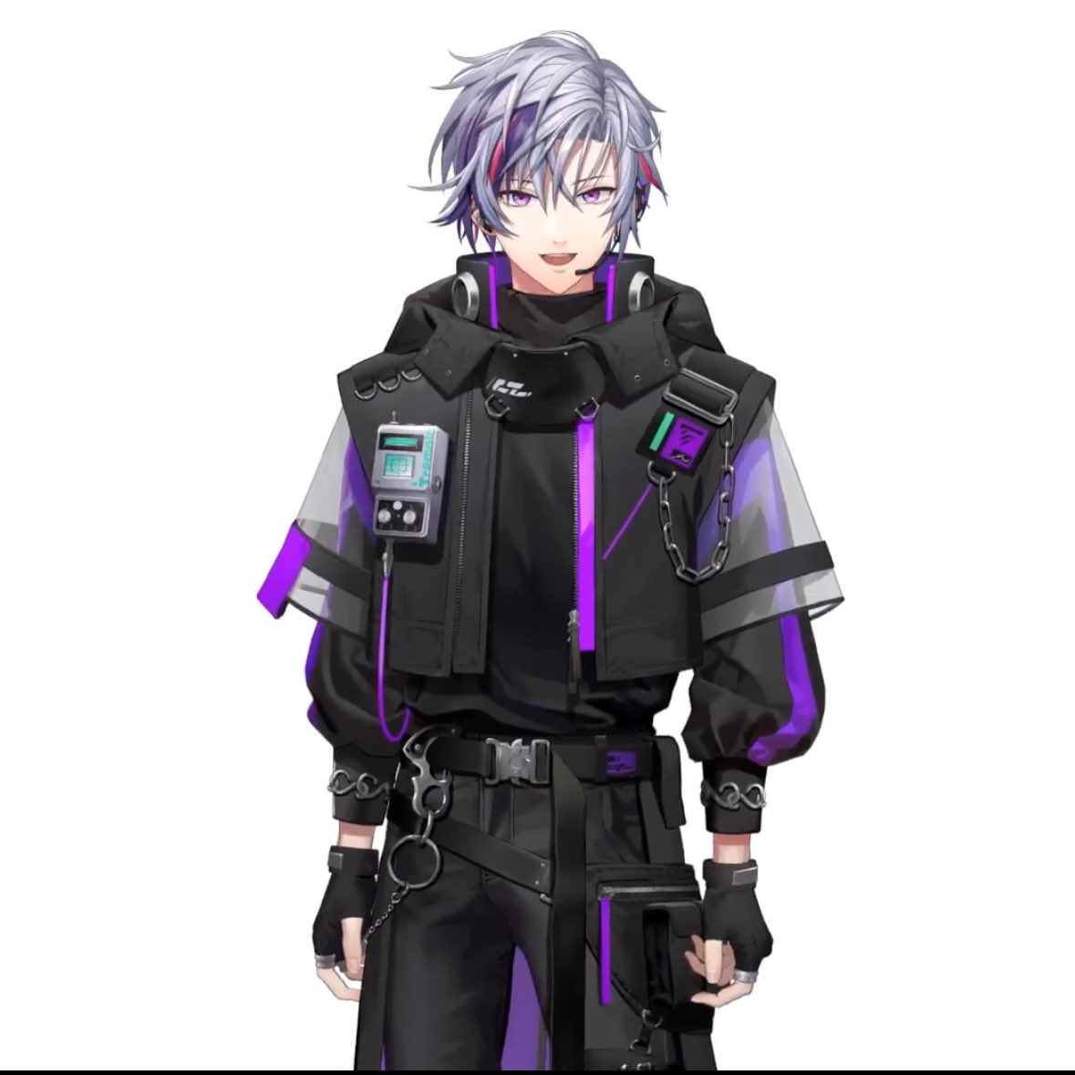 1boy male focus streaked hair solo purple eyes grey hair smile  illustration images