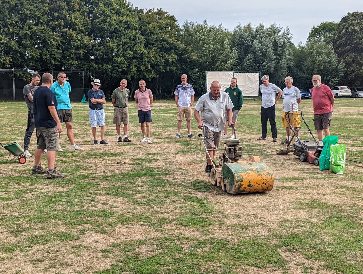 KentCricketDev's tweet photo. A big thanks to Eynsford CC for their hospitality this morning for our first @Real_KCVL Pitch Seminar, supported by @thegma_ 

Even the outfields are testing the limits of machinery!

#bitofrainplease https://t.co/p6lsxl7LTK