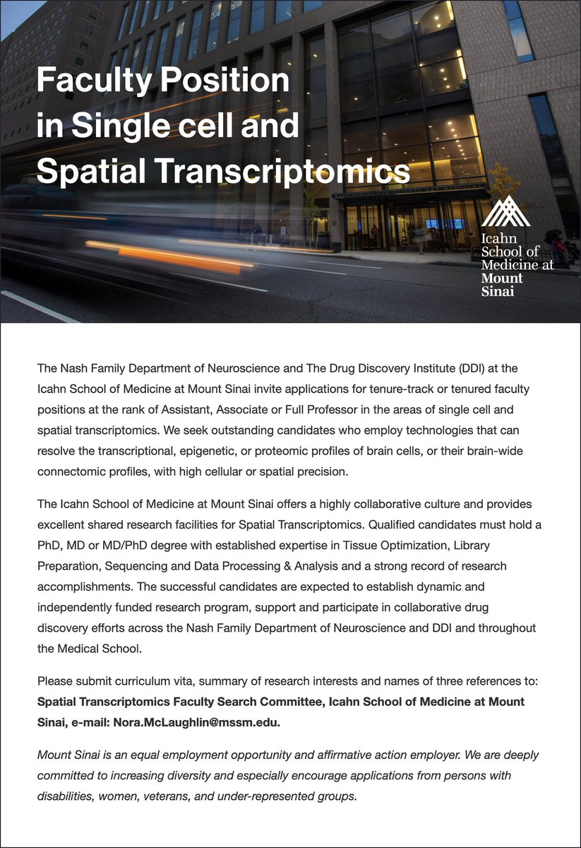 Friedman Brain Institute (@sinaibrain) on Twitter photo JOB ALERT!📢#NashNeuroscience & The Drug Discovery Institute <a href="/IcahnMountSinai/">Icahn School of Medicine at Mount Sinai</a> invite applications for tenure-track or tenured faculty positions at rank of Asst, Assoc or Full Professor in areas of single cell & spatial #Transcriptomics APPLY NOW bit.ly/3zMe6Mb JOB ALERT!📢#NashNeuroscience & The Drug Discovery Institute <a href="/IcahnMountSinai/">Icahn School of Medicine at Mount Sinai</a> invite applications for tenure-track or tenured faculty positions at rank of Asst, Assoc or Full Professor in areas of single cell & spatial #Transcriptomics APPLY NOW bit.ly/3zMe6Mb