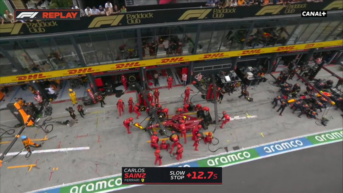 TearOffFR's tweet photo. Arrêt aux stands raté pour Carlos Sainz. Le pneu arrière gauche n'était pas prêt. 🤡

#F1 #DutchGP https://t.co/u9d4zvtcGO