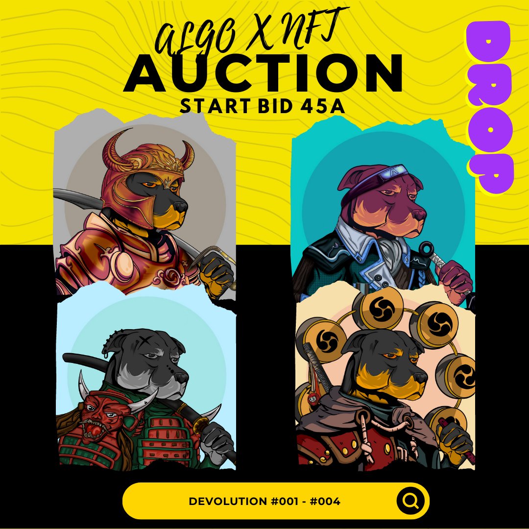 🚨AUCTION DROPS Gen 2🚨
Devolution #001 - #004
Start bid 45A on <a href="/ALGOxNFT/">ALGOxNFT</a> 

Link : algoxnft.com/address/4SBHV3…

Let's go 🎉
#algofam #AlgorandNFTs #Auction #algoxnft