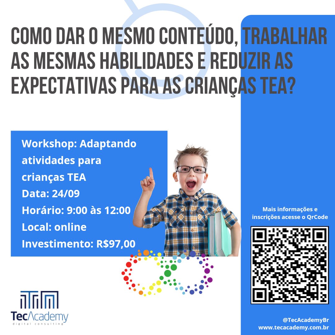 TecAcademyBr's tweet photo. Vem aprender com a gente como. 😉

Participe do nosso curso Adaptando Atividades para Crianças TEA.

🗓 Quando: 24/09
💻 Onde: online
🪙 Quanto: Primeiro lote promocional limitado
📲 Inscrições: https://t.co/Auaw8EuQUM https://t.co/oFCs37xf0i