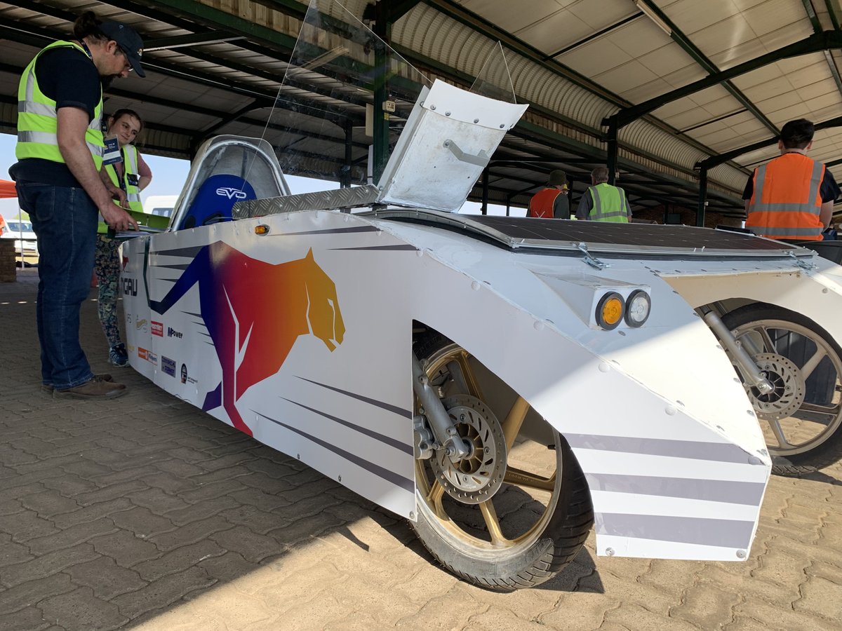 Solar_Challenge's tweet photo. #LengauSolarCar at the mechanical station here at @RedStarRaceway on day 1 of  scrutineering.

 #SasolSolarChallenge #SolarChallenge #SolarCar #STEM #RenewableEnergy #Technology #CSIR #CTrack #RedStarRaceway https://t.co/cqqsi8s2CE