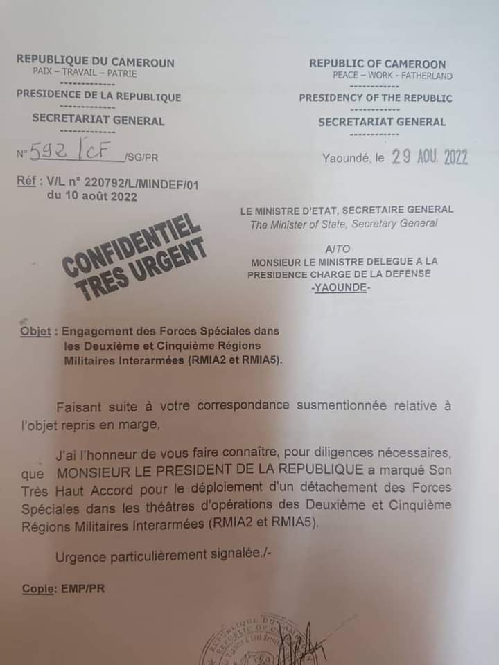Cameroun is not done yet.This document signed August 29th indicates Cameroun is sending more special forces into Ambazonia. Caneroun regular army morale is at all time low as they themselves leaked out their casualties. General Bouba has tasted Ambazonia bravery, he needs back up