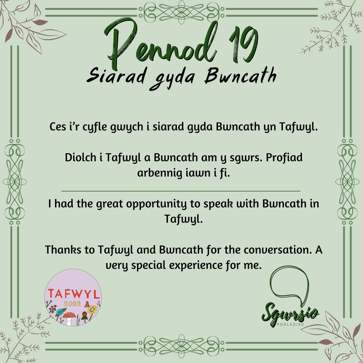 Sgwrsio (@sgwrsio1) on Twitter photo Pennod Newydd! Siarad gyda Bwncath - Tafwyl 2022
Ar gael ae Spotify, iTunes, Amazon Podcasts, Google Podcasts, YouTube ayyb
<a href="/ypodcymru/">YPod.cymru 🏴</a> <a href="/LearnCymraegCF/">Learn Welsh Cardiff | Dysgu Cymraeg Caerdydd</a> <a href="/AwrYDysgwyr/">Awr Y Dysgwyr</a> <a href="/learncymraegMG/">Learn Welsh Glamorgan / Dysgu Cymraeg Morgannwg</a> <a href="/learnwelsh/">RLN Learn Welsh</a> <a href="/CymraegDoctor/">DoctorCymraeg</a> <a href="/Tafwyl/">Tafwyl</a> <a href="/bwncathband/">Bwncath</a> <a href="/eisteddfod/">eisteddfod</a> Pennod Newydd! Siarad gyda Bwncath - Tafwyl 2022
Ar gael ae Spotify, iTunes, Amazon Podcasts, Google Podcasts, YouTube ayyb
<a href="/ypodcymru/">YPod.cymru 🏴</a> <a href="/LearnCymraegCF/">Learn Welsh Cardiff | Dysgu Cymraeg Caerdydd</a> <a href="/AwrYDysgwyr/">Awr Y Dysgwyr</a> <a href="/learncymraegMG/">Learn Welsh Glamorgan / Dysgu Cymraeg Morgannwg</a> <a href="/learnwelsh/">RLN Learn Welsh</a> <a href="/CymraegDoctor/">DoctorCymraeg</a> <a href="/Tafwyl/">Tafwyl</a> <a href="/bwncathband/">Bwncath</a> <a href="/eisteddfod/">eisteddfod</a>