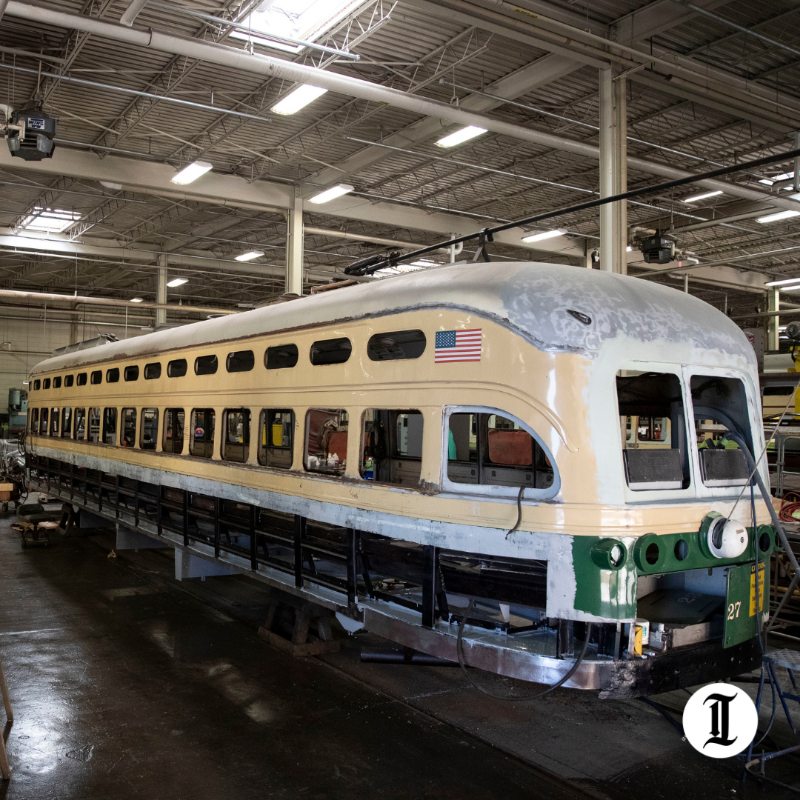 PhillyInquirer's tweet photo. Every workday for 30 months, SEPTA restorers have been taking apart and rebuilding the city’s famous 1947 PCC II trolleys for an eventual return to Girard Avenue.

“You know, you hear that bell going and it brings back good memories...People just feel attached to the trolleys.”