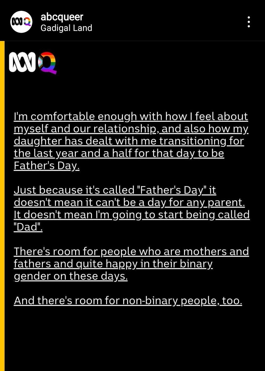 KowalskiKit's tweet photo. Here we go! #ABCQueer have decided to have a go at erasing #fathers on #fathersday by featuring a #lesbian who's taking T.
Fathers Day is "a day for any other parent" now. Apparently.
#GCoz https://t.co/SJxWR3wH6b