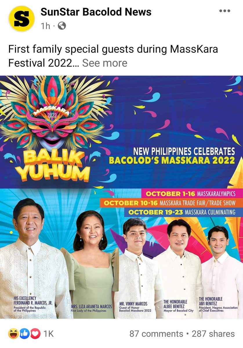 mat_taby's tweet photo. Marcoses in Bacolod for Masskara?

Parang walang sugar crisis nangyari sa Negros ah.

Marcos and his cronies were responsible for the corruption and monopolization of the sugar industry. The festival was born out of a crisis to uplift the locals amidst the downfall of the economy https://t.co/ZDcHG2dngI