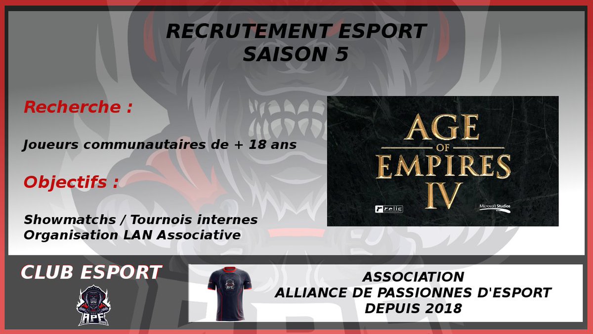 🎮Recrutement #eSports 

💯Ouverture section #ageofempires <a href="/AgeOfEmpires/">Age of Empires</a> 

💯Objectif majeur : Organiser une LAN a <a href="/Villedemoulins/">Ville de Moulins</a> <a href="/Allierdpt/">Allier Département</a> <a href="/Prefet03/">Préfet de l'Allier</a> 

📩Contact <a href="/cedoow/">A.P.E Cedoow</a>