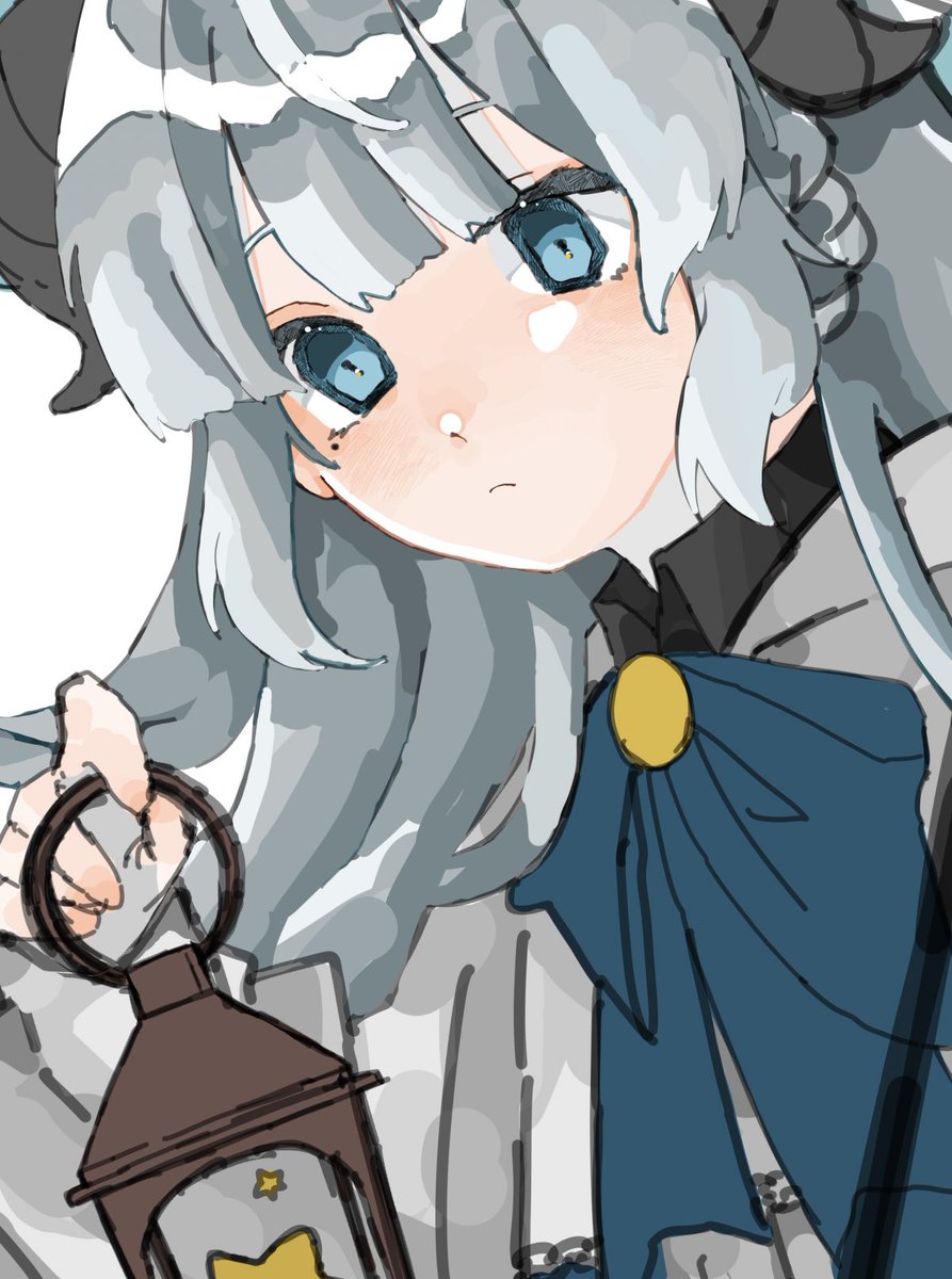 1girl solo blue eyes holding horns long hair lantern  illustration images