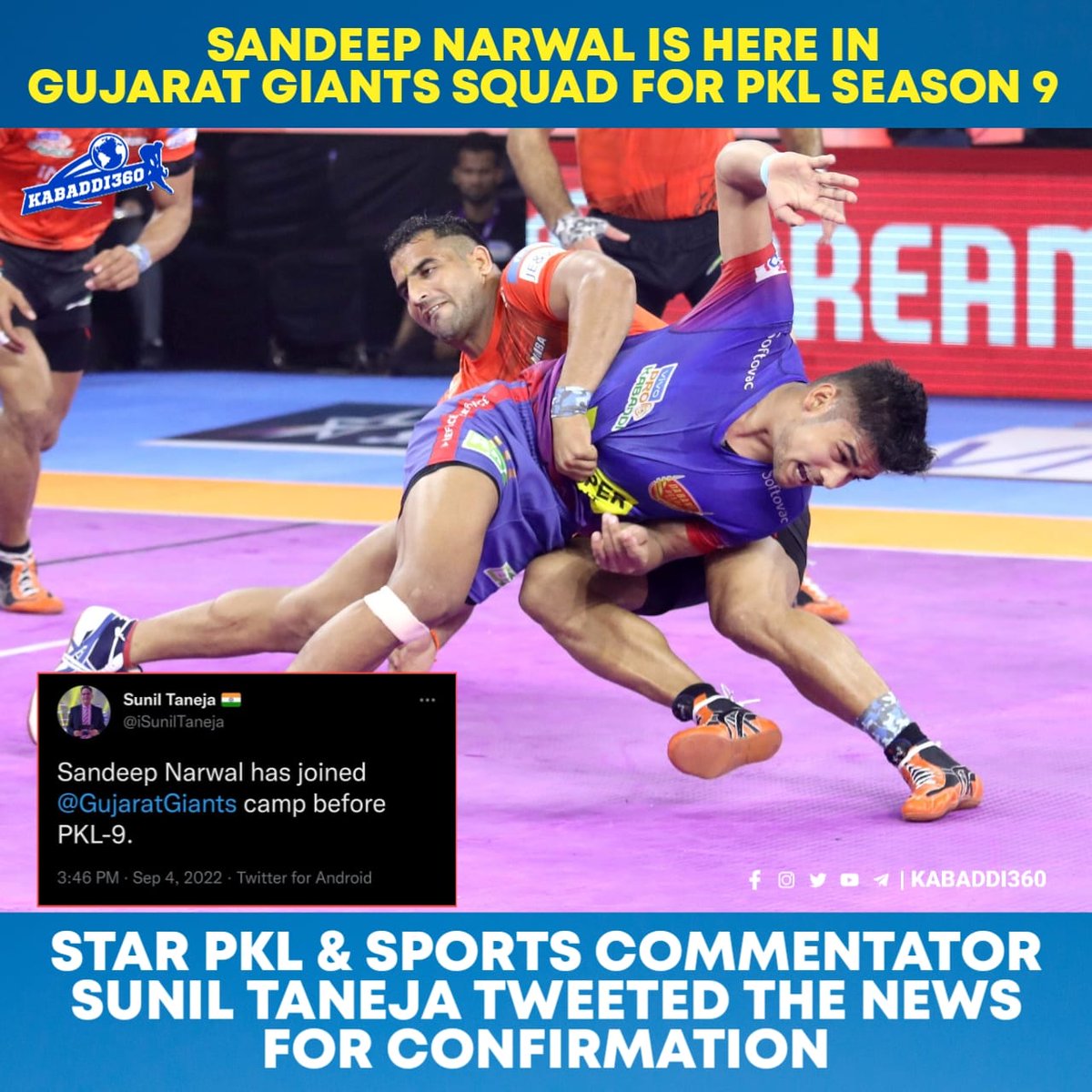Kabaddi_360's tweet photo. Strong addition in Gujarat Giants squad for season 9
.
#sandeepnarwal 
#gujaratgiants 
#pklseason9 
#prokabaddi https://t.co/23IEO3fxUz