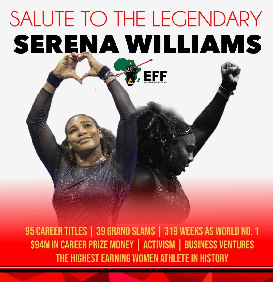 EFFSouthAfrica's tweet photo. The EFF salutes the Legendary Serena Williams for her extraordinary 25-years of excellence in a sport dominated by whiteness. 

Ms. Williams served the world with her striking talent,
discipline and hard work. 

She Smashed it! 
She Aced it! https://t.co/e7nU0V6c1e