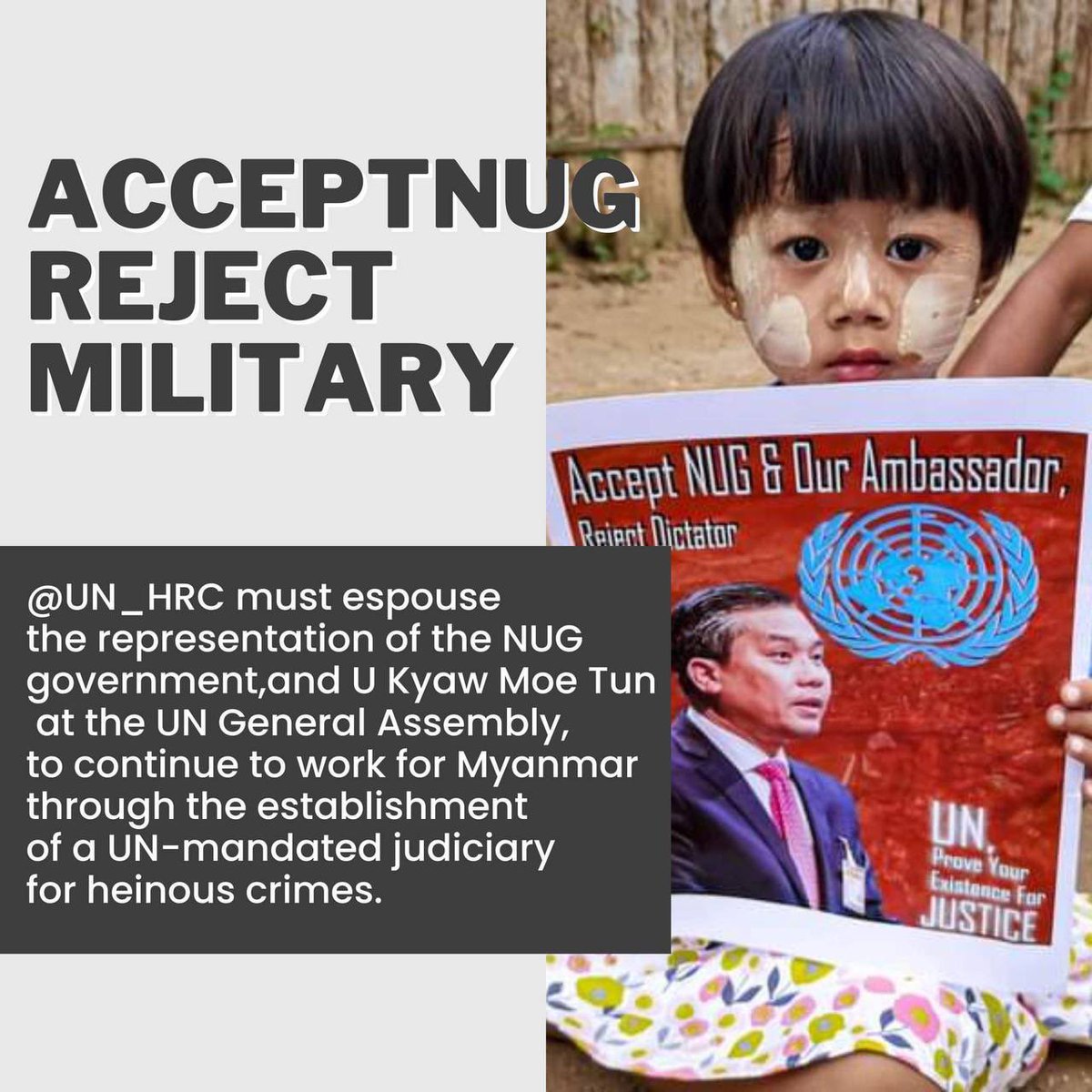 AyeChitHsu2's tweet photo. @UN_HRC must espouse the representation of the NUG government,and U Kyaw Moe Tun at the UN General Assembly,to continue to work for Myanmar through the establishment of a UN-mandated judiciary for heinous crimes.#AcceptNUGRejectMilitary #WhatsHappeningInMyanmar https://t.co/frrk9WDUEC