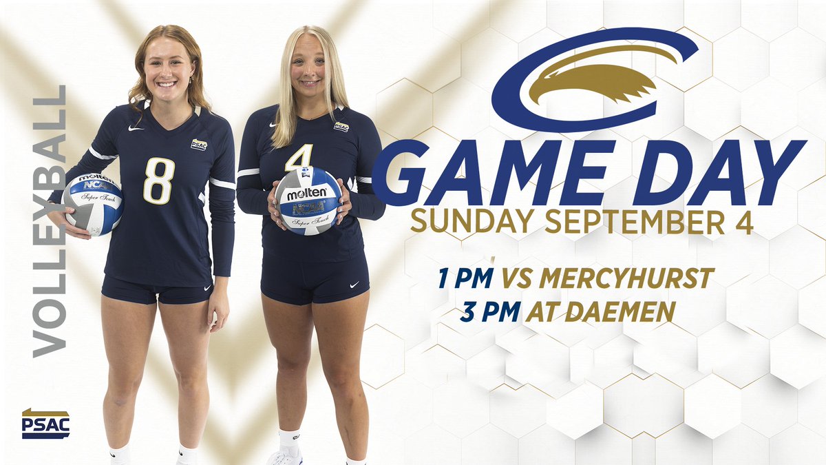 Golden Eagle volleyball trucks up to Amherst for the Daemen Invitational, starting with a pair of tough matches today!

🦅🏐
📅 Sept. 4
🕐 1 PM ➕ 🕒 3 PM
📈 bit.ly/3RmfDjN
📺 bit.ly/3BeX8or