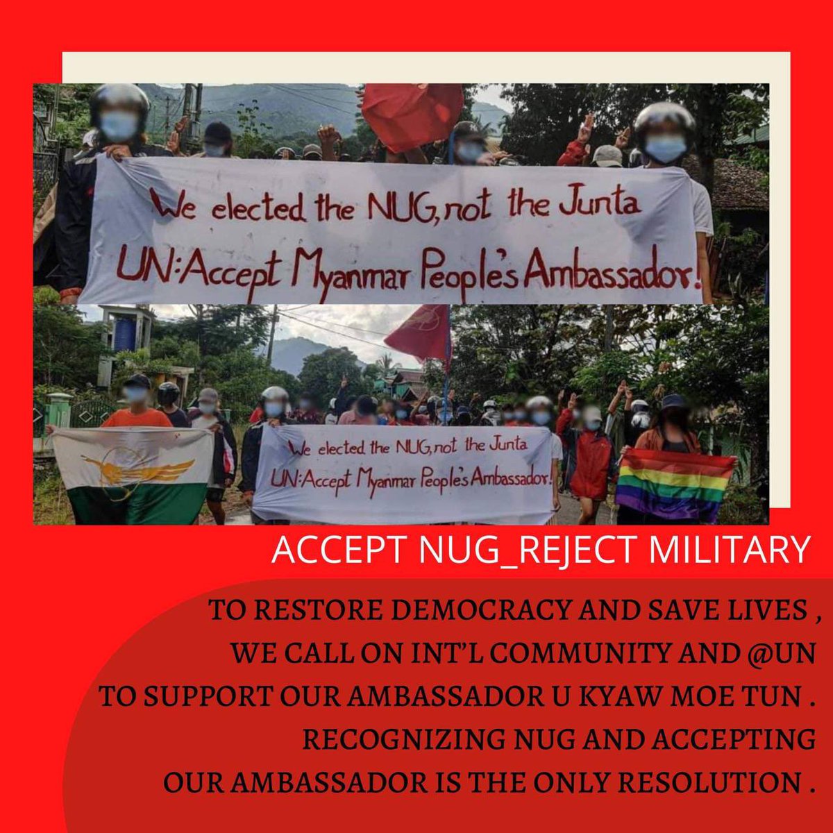 AyeChitHsu2's tweet photo. @UN Don’t be reluctant anymore to recognize NUG  and our representative U Kyaw Moe Tun . We call on @UN to support the affirmation of credential committee's decision at upcoming 76th  UNGA. #UKyawMoeTunIsOurAmbassador https://t.co/n26uUz8nn3