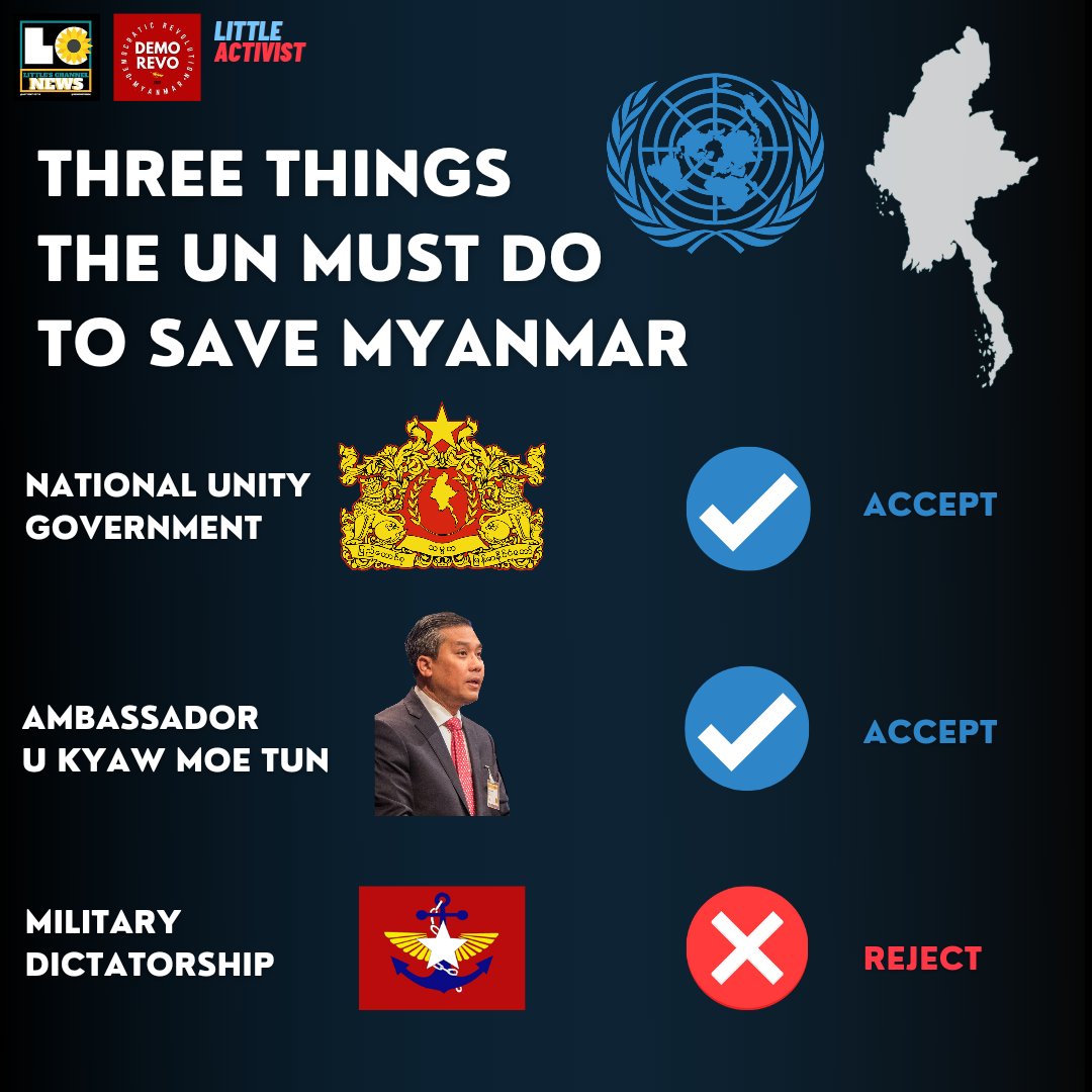 DemoRevoMM's tweet photo. Three things the @UN must do to save #Myanmar 🇲🇲.  Accept ☑️ @NUGMyanmar  Accept ☑️ Ambassador U Kyaw Moe Tun Reject ❎ Military Dictatorship  #AcceptNUGRejectMilitary #UKyawMoeTunIsOurAmbassador https://t.co/QAxF1ySd4W