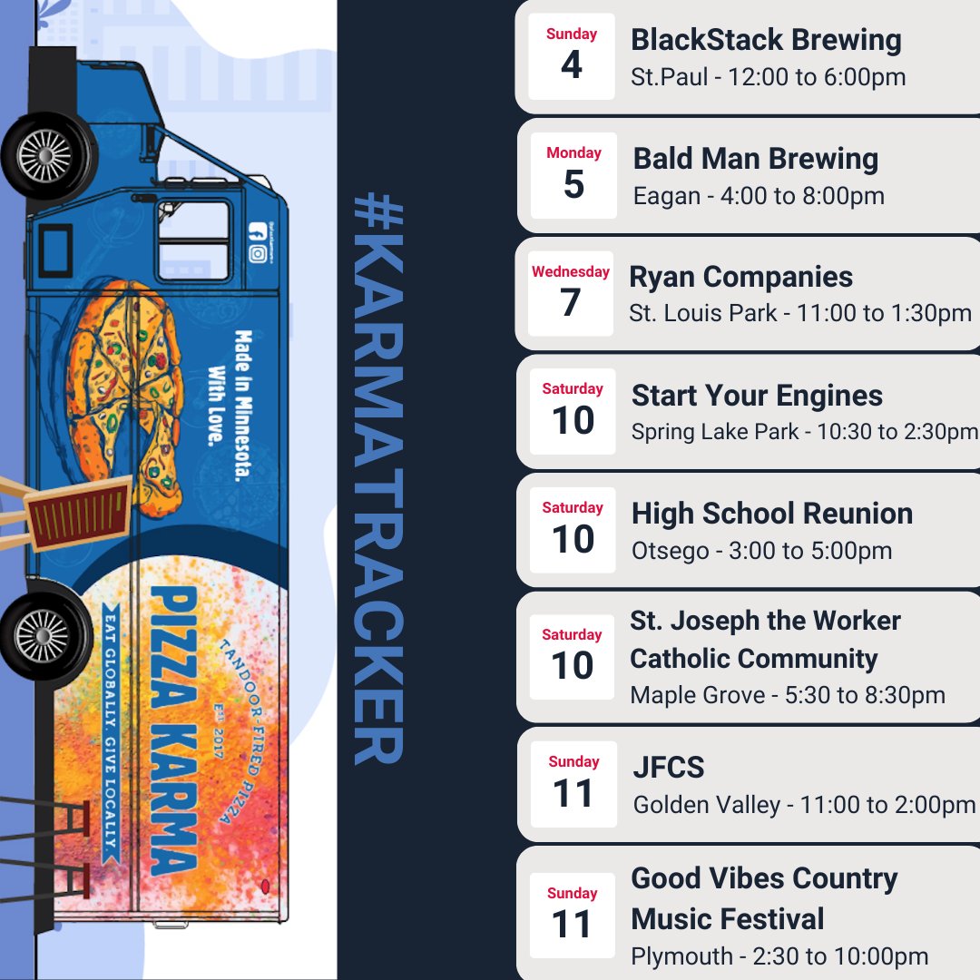 Where's the #karmatracker this week? 
Book the food truck for your event here: bit.ly/3u4h5xB

📍<a href="/BlackStackBrew/">BlackStack Brewing</a> 
Sun Sept. 4th 12-6:00pm

📍<a href="/BaldManBrewing/">Bald Man Brewing</a> 
Mon Sept. 5th 4-8:00pm

📍<a href="/ryancompanies/">Ryan Companies</a> 
Wed Sept. 7th 11-1:30pm📍