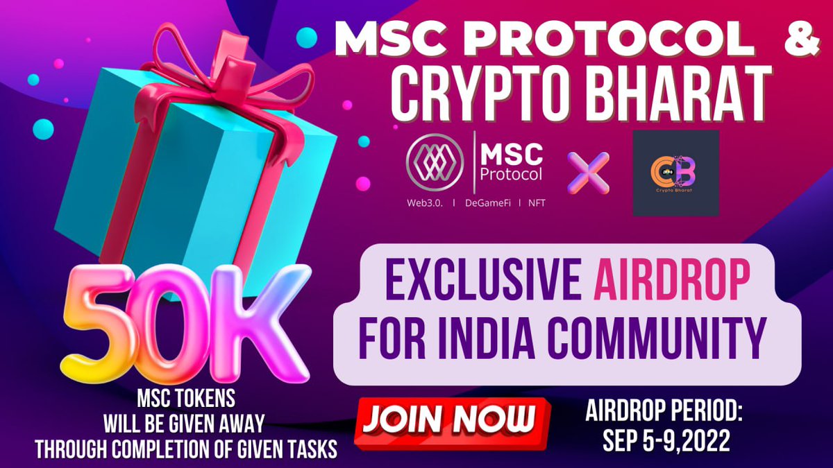 msc_protocol's tweet photo. AIRDROP ANNOUNCEMENT

MSC Protocol and Crypto Bharat will have an exclusive airdrop for the MSC Protocol India Community.

Follow and complete all tasks at this form to be eligible to win:
 ⬇️
https://t.co/LJ3havDj1d

We will be selecting 250 random winners to win 200MSC Tokens. https://t.co/Y7yKW0CzEt