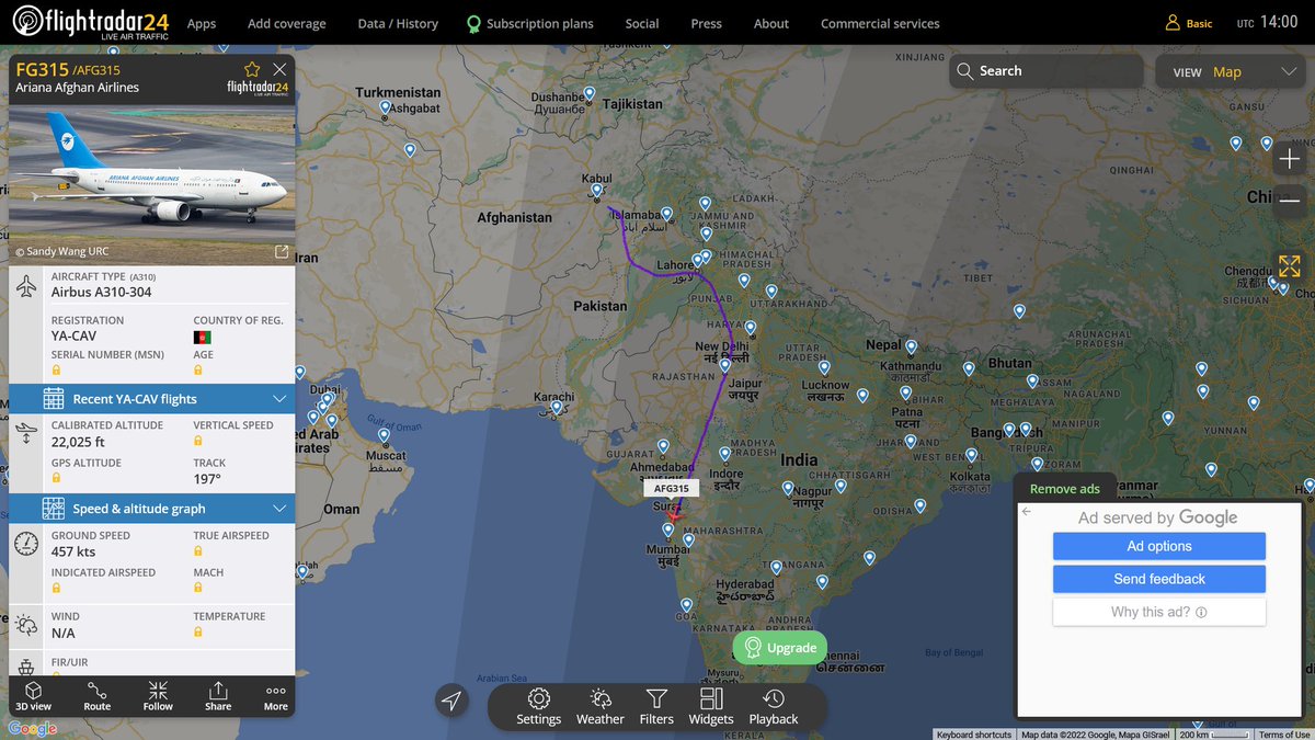IAFSpotter's tweet photo. #Taliban Terrorist controlled #Ariana #Afghan Airlines Airbus A310 coming down to #Mumbai from #Kabul
#YACAV #700007 https://t.co/KEEeyWba2L