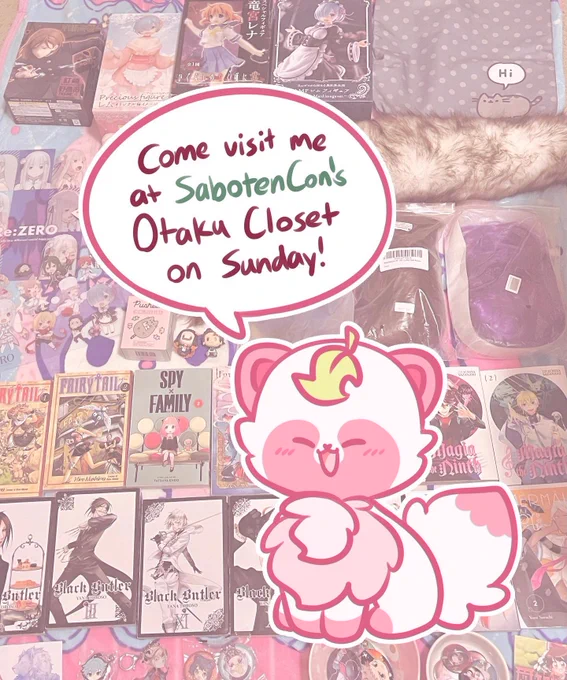 ✨ TODAY ONLY ✨
I'll be at #SabotenCon's Otaku Closet this evening starting at 7pm after the vendor hall closes! Stop by the 2nd floor of the hotel and check out some of my gently used secondhand goods, from manga and anime merch, to figures and cosplay supplies! 💕 