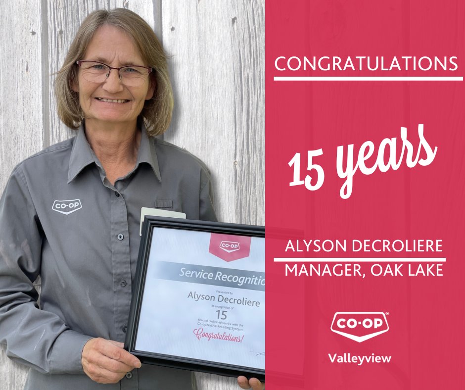 ValleyviewCoop's tweet photo. When you visit Valleyview Co-op in Oak Lake,  you'll quickly learn just how valuable Alyson Decroliere is to her team.  Alyson is inclusive, a mentor and a positive influence.  Congrats on your 15 years Alyson!  Thank you for serving your community through Valleyview Co-op. https://t.co/XI66cWDf7g