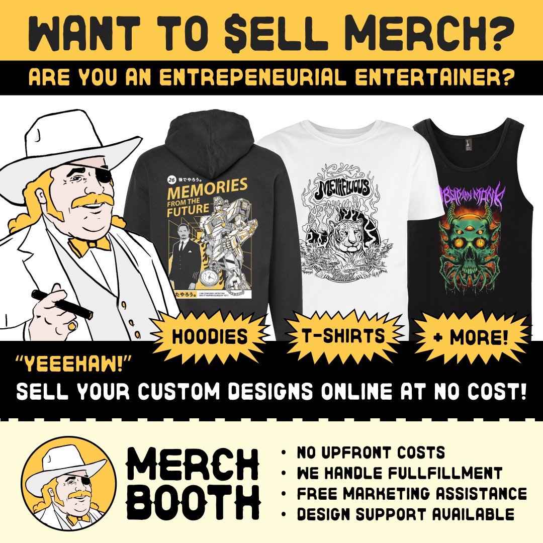 Merchboothcom's tweet image. Are you an entertainer (Musician, DJ, comedian, etc) and want to sell merch online and at LIVE events? Get started at no upfront cost. We handle fulfillment and provide design and marketing support! Sign up for FREE - merchbooth.com @wayansjr @krisjonescom