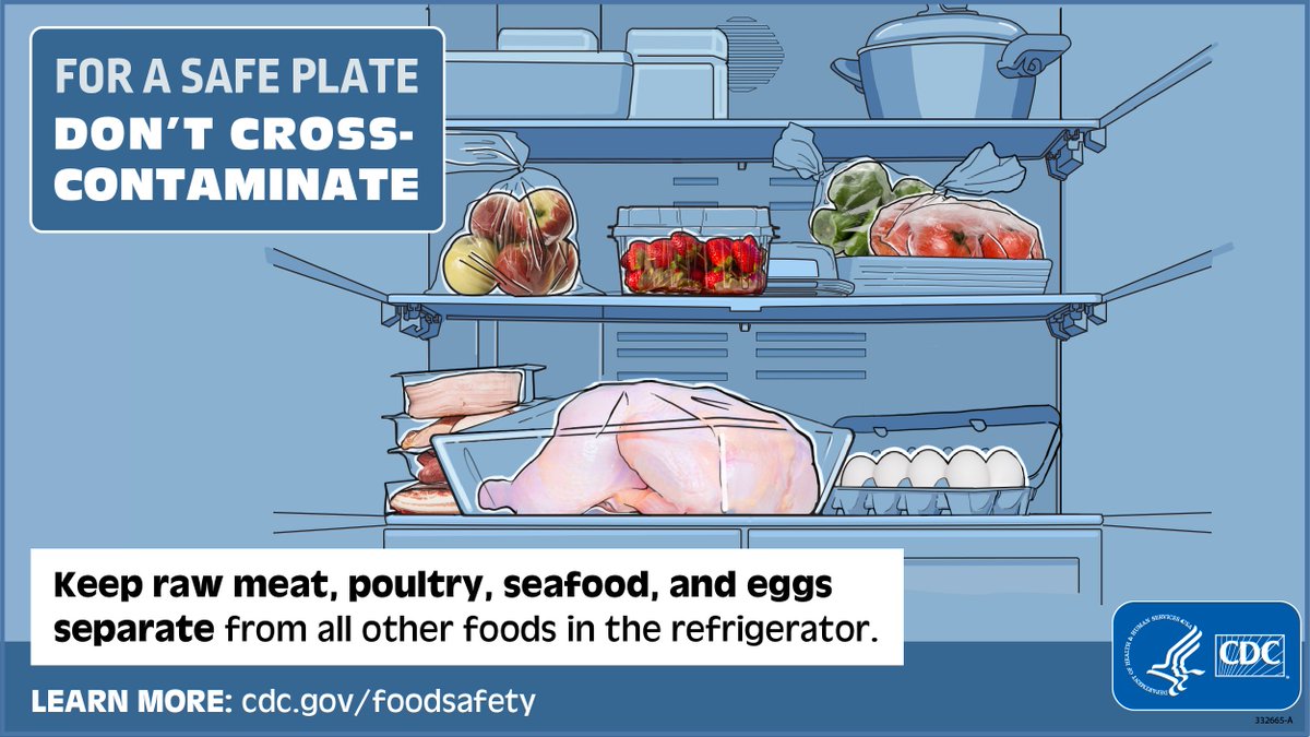 foodsafetygov's tweet photo. Raw meat, poultry, seafood, and eggs can transfer germs to other food in your refrigerator. Keep them #separate so you don’t #crosscontaminate. Learn more: https://t.co/LqHmkDvHGa #FSEM2022 #FSEM https://t.co/3yQ4uoASAN