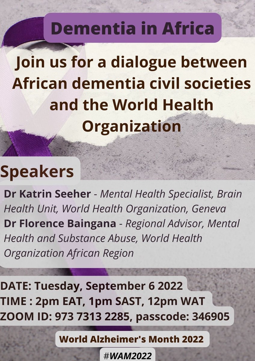 Very much looking forward to this exchange about #dementia in #Africa. Join this Tuesday, 6 September at 2pm EAT. @GBHI_Fellows @AlzDisInt @_Wakaranja @STRiDEKenya @STRiDEDementia @STRiDE_SA @wfneurology