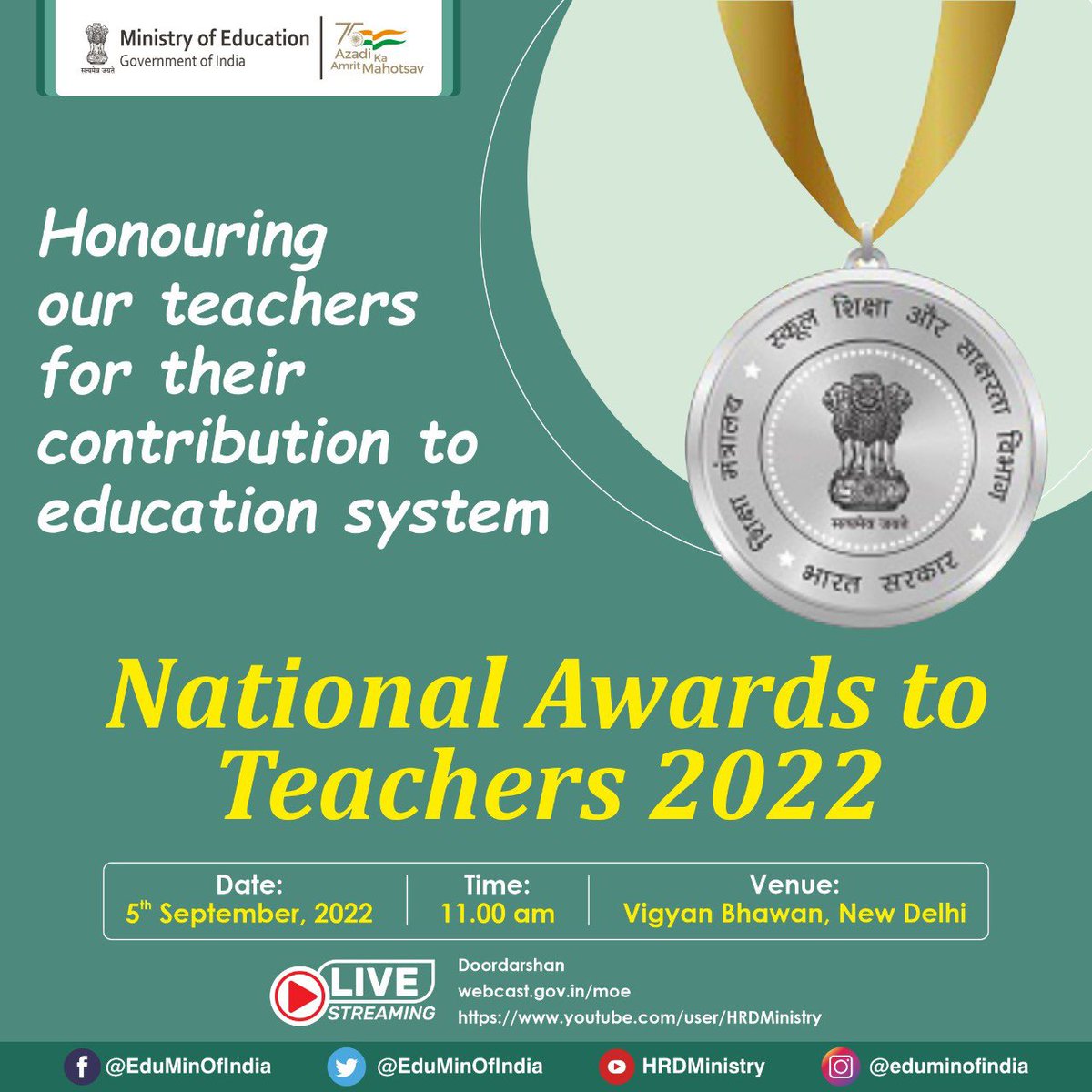 Ministry of Education (@eduminofindia) on Twitter photo #OurTeachersOurPride: National Awards to Teachers is here! The event will be held on 5th September, 2022.
The Hon’ble <a href="/rashtrapatibhvn/">President of India</a> Smt. Droupadi Murmu will honour the finest teachers from across the country with National Awards to Teachers. Stay tuned! #NAT2022 #OurTeachersOurPride: National Awards to Teachers is here! The event will be held on 5th September, 2022.
The Hon’ble <a href="/rashtrapatibhvn/">President of India</a> Smt. Droupadi Murmu will honour the finest teachers from across the country with National Awards to Teachers. Stay tuned! #NAT2022
