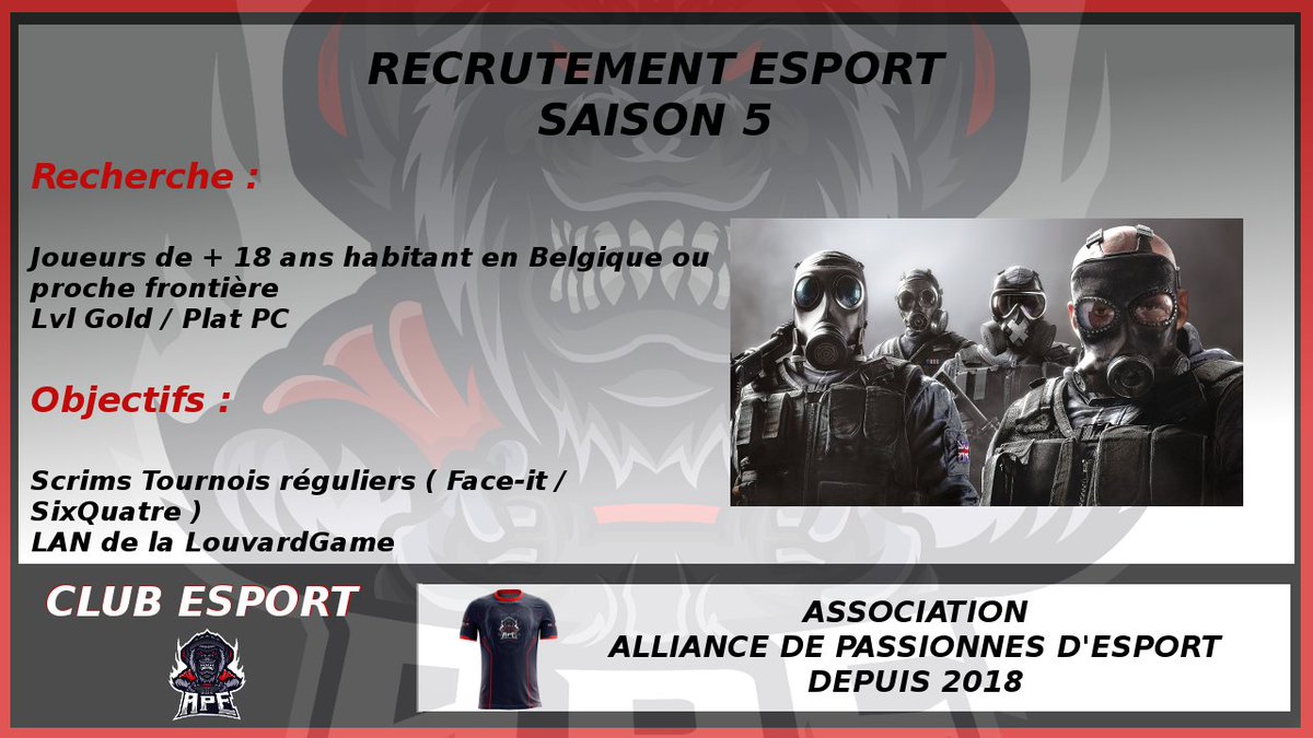 🎮Recrutement #eSports 

🇧🇪Nos joueurs belges recherchent des mates sérieux pour cette 5ème saison associative sur <a href="/Rainbow6FR/">Rainbow Six Siege X FR</a> 

💯Objectif tryhard les events <a href="/Sixquatre/">Sixquatre</a> <a href="/FACEIT/">FACEIT</a> et aller en team a la <a href="/LouvardGame/">LouvardGame</a> 

📩DM <a href="/virtuozdb/">VirTuoZ db</a>