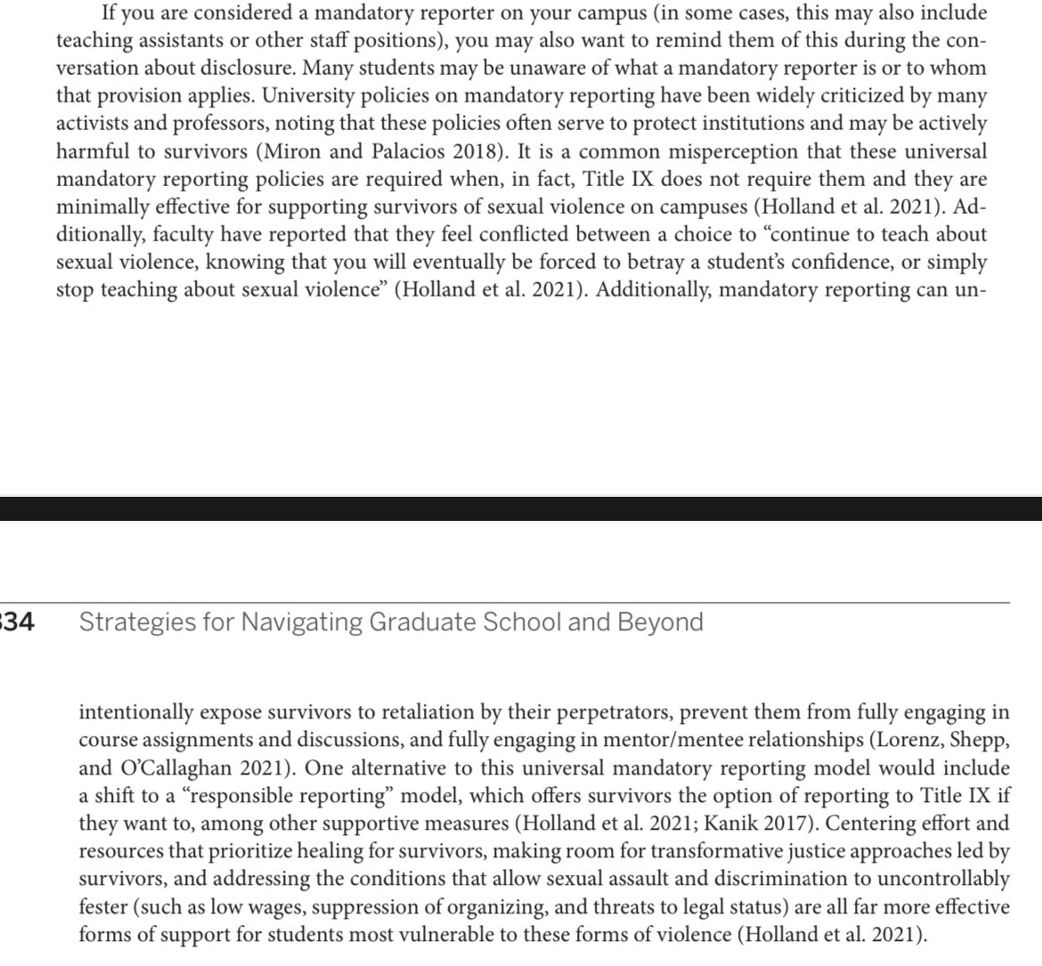 devon_cantwell's tweet photo. In the #StrategiesforGradSchool my co-authors and I write about the harm of mandatory reporting policies for faculty. It’s a CYA policy for institutions that harms survivors. https://t.co/B6FxabY1zm