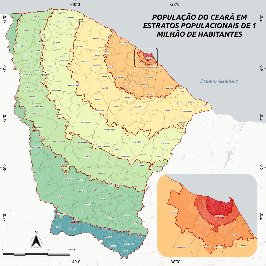 Mapa da população do Ceará em estratos populacionais de 1.000.000 de habitantes partindo de Fortaleza,  capital do estado.

Map of the population of Ceará in population strata of 1,000,000 inhabitants starting from Fortaleza, capital of the state.

Made in <a href="/qgis/">QGIS</a>