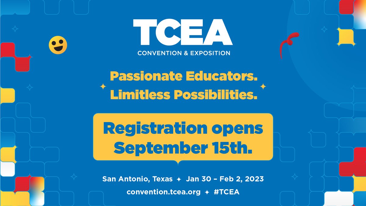 SAVE THE DATE! Registration for #TCEA23 opens September 15 🎉

bit.ly/3Dm6LTU 
#txed #edtech #teachertwitter #teacherpd