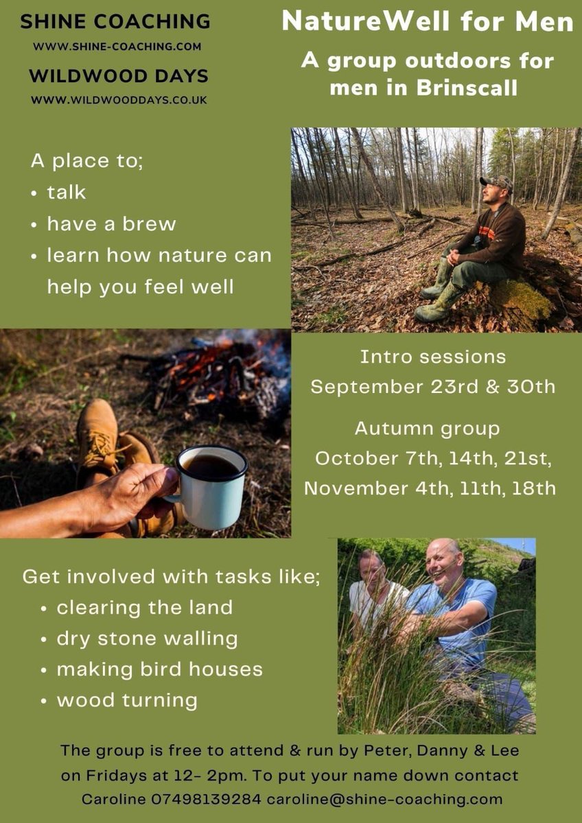 It’s a ‘Nature Connection’. @shinecoaching1 & @DaysWildwood are running a collaborative event outdoors. Ran by Men, for Men, in Brinscall Woods. Read more about it on out information sheet below. Free to attend: Fridays 12-2 
#shinenews #shineoutdoors 
👉 shine-coaching.com
