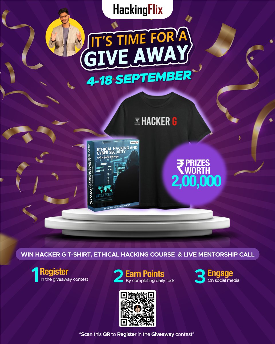 Gautamventure's tweet photo. 🎁 Enter the Giveaway contest and get a chance to win amazing prizes worth more than ₹ 2,00,000 including Hacker G merchandise t-shirt, Ethical Hacking course and Live Mentorship Call with me!

Registration Link for Giveaway:
https://t.co/xqqS9kx0iO

#giveaway #giveaways #win https://t.co/UBPZtjcX9S