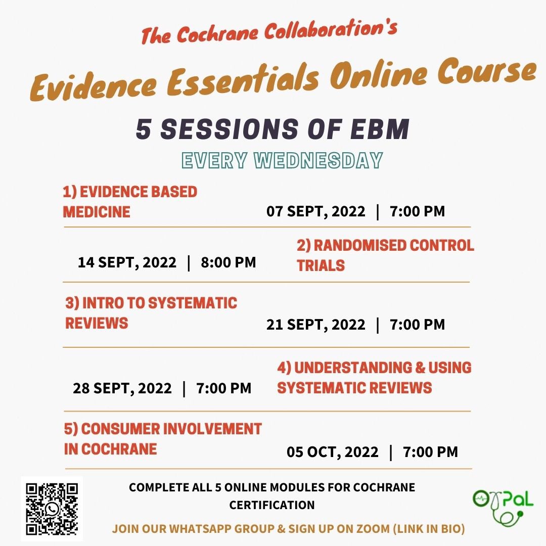 OxPal_Medlink's tweet photo. Sign up to Evidence Essentials, a Cochrane Collaboration certified online course, facilitated by OxPal. Join our weekly sessions to go through the modules &amp; have your questions answered! RT &amp; share! #meded #Palestine #gaza #ebm #evidence #systematicreviews https://t.co/Ba3y7G5Uxx