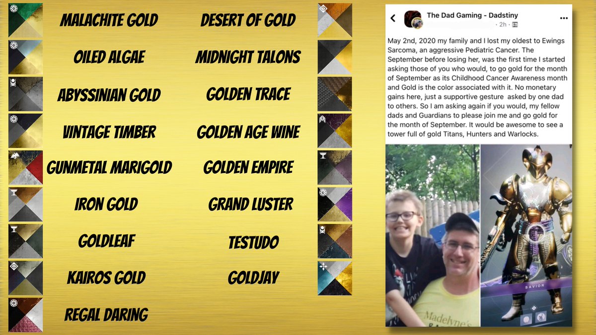 ✨GO GOLD✨ my Brothers and Sisters in Light and support Childhood Cancer Awareness! These were all the gold shaders I could find, but I am sure there are more. #Destiny2 #Bungie #GoGold2022