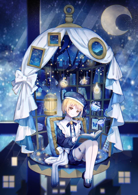 青い創作イラストの世界観こんな感じです 