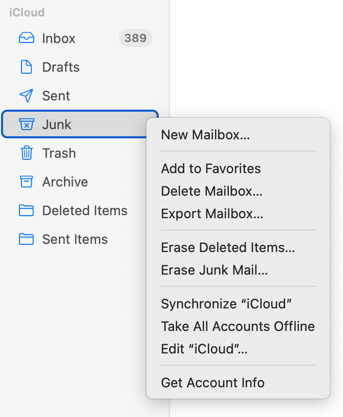 ontomd's tweet photo. @Apple Mail right click menu - is this good design? 
Rarely used options like 'delete mailbox' positioned above more often used options like 'Erase Junk Mail'?
#uiux https://t.co/niJucB6Zzb