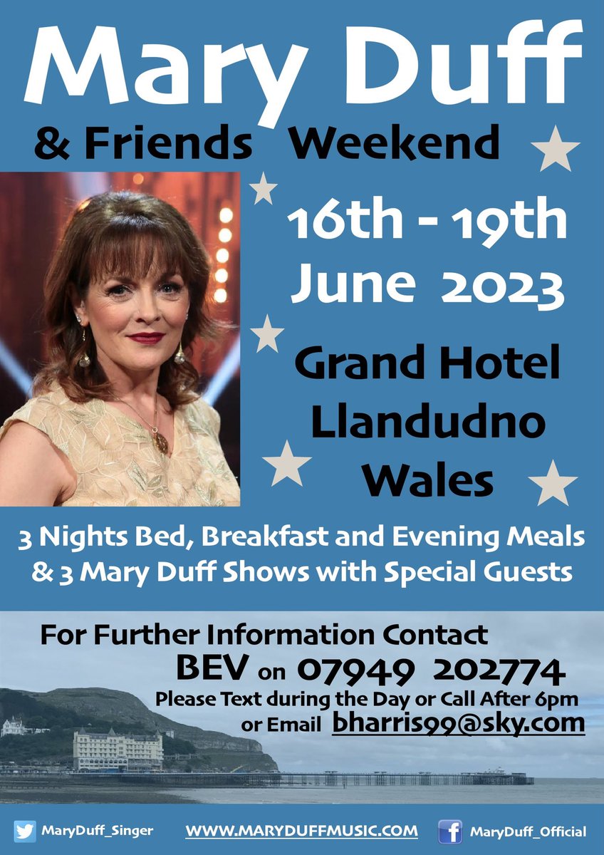 MaryDuff_Singer's tweet photo. I’ll be returning to Llandudno for the Mary Duff and Friends Weekend on 16th-19th June 2023.  
Contact Bev on 07949 202774 to book or for further information https://t.co/D1z1WZub37