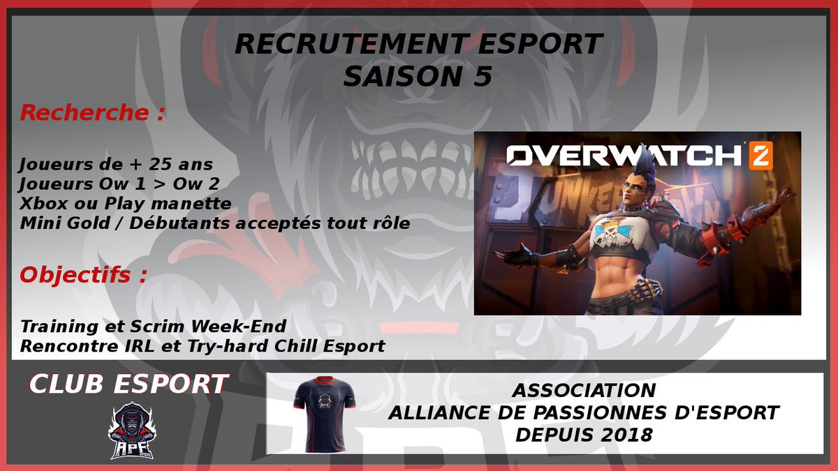 🎮Recrutement #eSports 

🔥Reprise du roster #Overwatch pour préparer la sortie du 2

🤝CrossPlat #Xbox #PlayStation 

💯Objectif <a href="/PlayAllForOneFR/">Overwatch AllForOne France</a> et scrims réguliers

📩Contact <a href="/APE_fallack/">Pasquon Tony</a> ou <a href="/GodheuxMarc/">APE Marco</a>