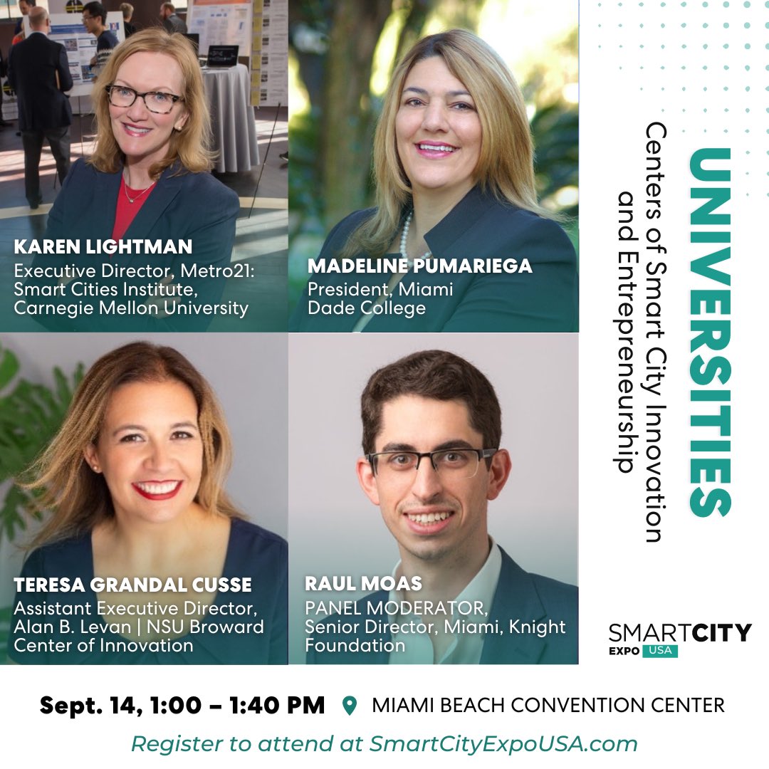 Join us on September 14th as we discuss Universities: Centers of Smart City Innovation and Entrepreneurship with @khlightman, <a href="/mdcpresident/">Madeline Pumariega</a>, Teresa Grandal Cusse, and <a href="/rmoas/">Raul Moas</a>.⁠⁠⁠⁠
⁠⁠
🎟 Grab your tickets here: smartcityexpousa.com