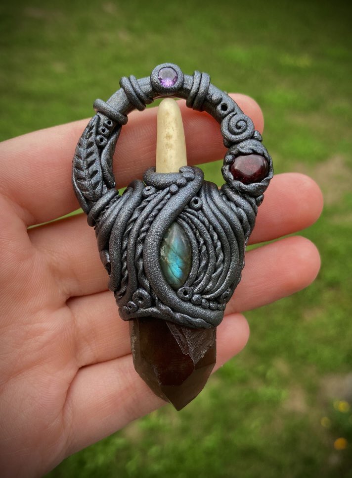 Deer antler, garnet, labradorite, smoky quartz and CZ pendant WIP 🦌